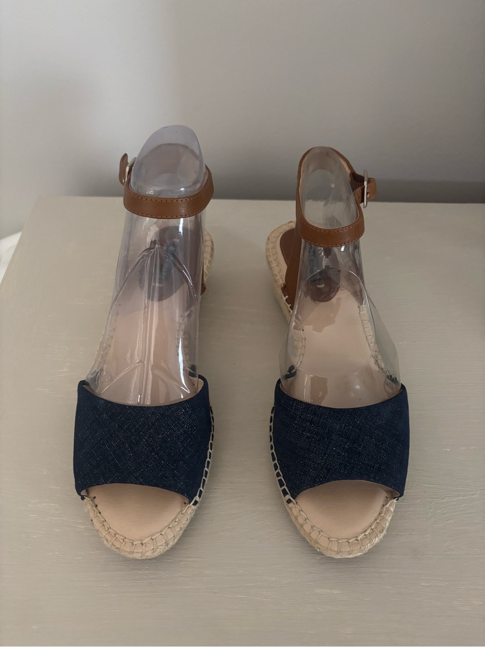 Women's Alex Marie SANDRA denim Blue Wedge Sandals with Tan Ankle Strap